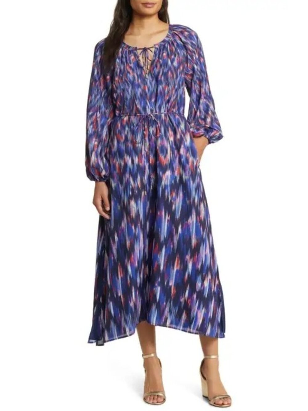 Tommy Bahama Womens Blue Tropical Ikat Long Sleeve Maxi Dress Sz M NEW